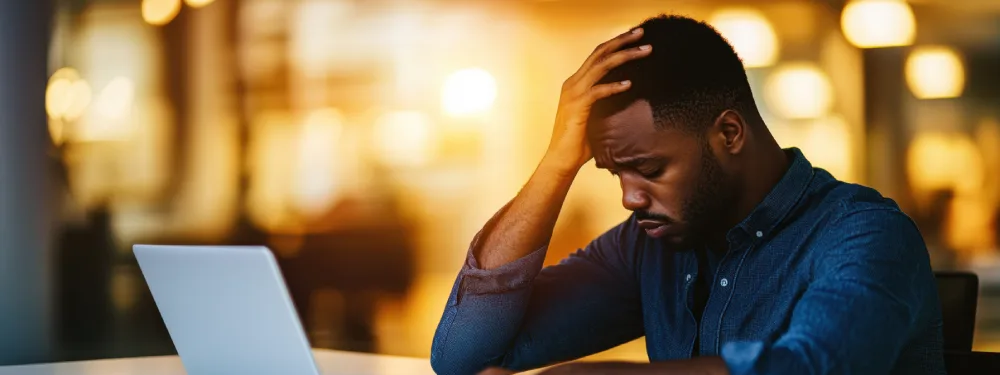 a man looking at a laptop screen looking burnt out