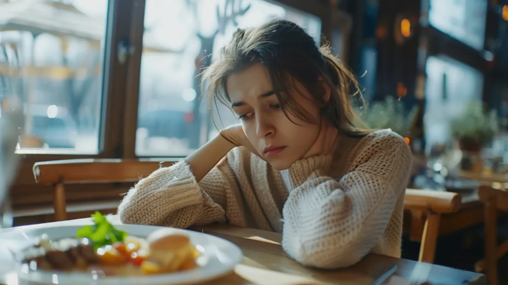 A woman looking at a plate of food looking upset
